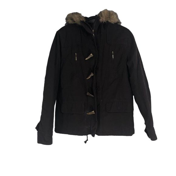 Youth Hooded Jacket, Full Zip, Quilted Liner, Brown, Horn Shaped Buttons, Size M - Picture 1 of 8